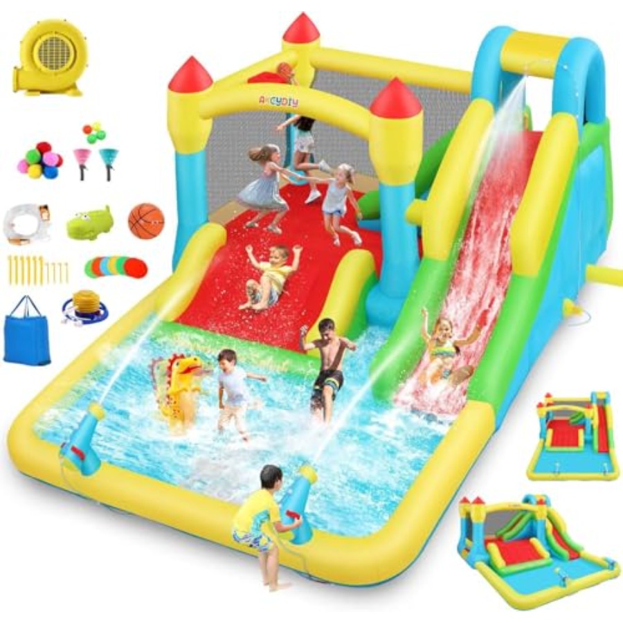 Kids Outdoor Water Slide - 屋外/屋内兼用インフレータブルウォーターバウンスハウス（子供用、3～12歳向け）、PVC素材、青と黄色のトリプルスライド、クライミングウォール、ボールプール付き