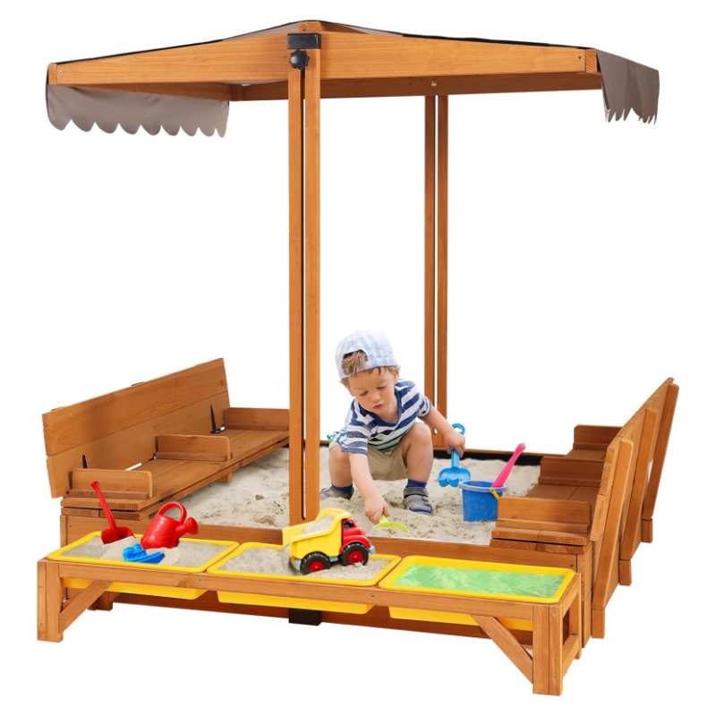 Kids Outdoor Toys B&Q - # 屋外用木製砂場用椅子ベンチシート、蓋付き正方形砂場、おもちゃ3個付き