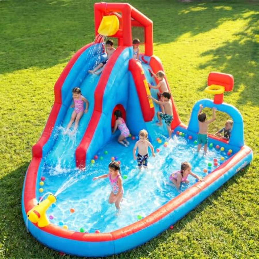 Kids Outdoor Water Slide - 裏庭用屋外ウォータースライダー付きインフレータブルバウンスハウスパーク（子供用）：PVC素材、青と黄色、クライミングウォール付き、ロングスライダー