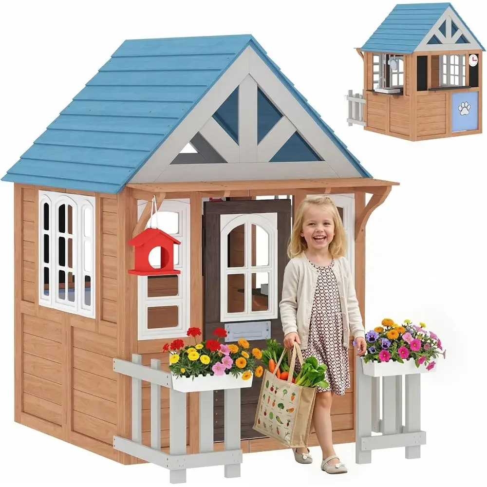 Kids Outdoor Wooden Playhouse - カバ屋外プレイハウス（ペット用ドア付き）、木製キッズプレイハウス（プレイキッチン、メールボックス、ドア、バードハウス、窓付き）