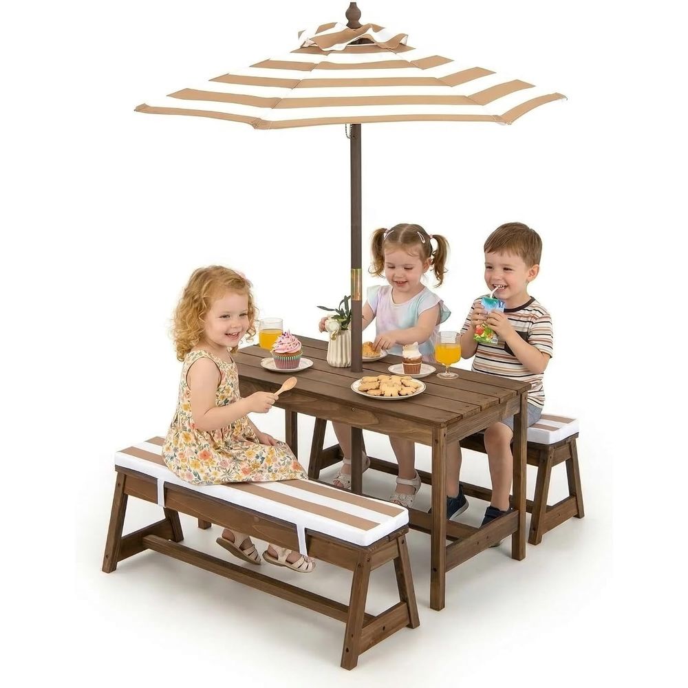 Kids Outdoor Table And Chairs With Umbrella - 子供用ピクニックテーブル、幼児用木製テーブル＆椅子セット（クッション付き）、高さ調節可能な傘、子供用アクティビティテーブル、屋外用家具