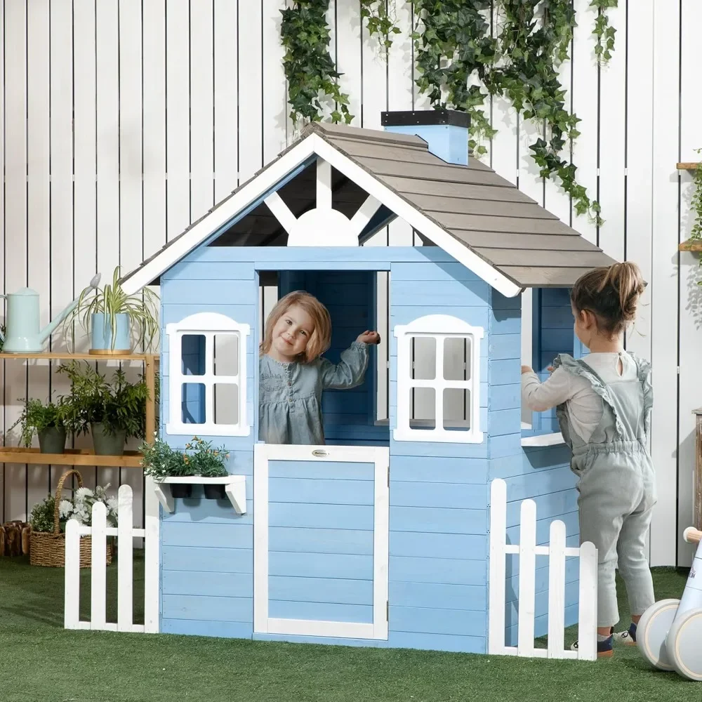 Kids Outdoor Wooden Playhouse - 子供用プレイハウス 屋外カントリースタイル 木製プレイハウス フラワーポットホルダー付き サービスステーション 3-7歳用