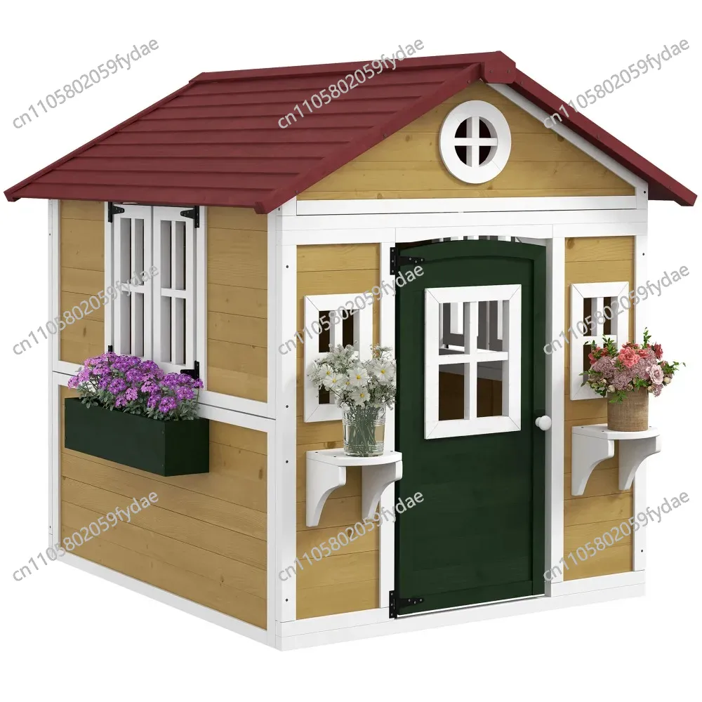 Kids Outdoor Wooden Playhouse - 木製屋外子供用プレイハウス、ドア、窓、植木鉢と箱付き、裏庭小屋プレイハウス