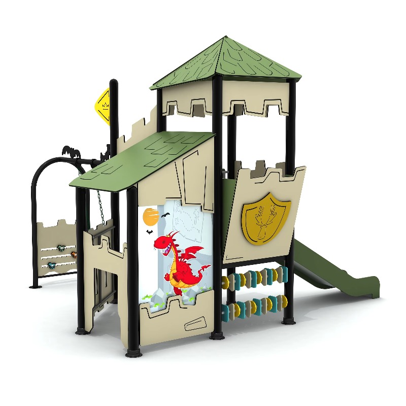 Kids Outdoor Wooden Playhouse - 木製屋外遊具セット スチール製プレイハウス 子供用庭園遊具 子供用商業用遊具 滑り台とクライミング付き 裏庭用