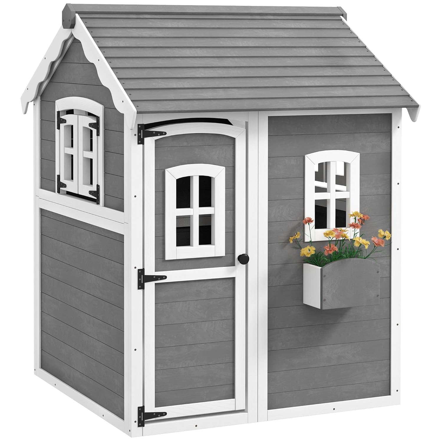 Kids Outdoor Wooden Playhouse - # 木製屋外プレイハウス（床、ドア、窓、プランターボックス付き）子供用（3〜8歳）裏庭ガーデン用 グレー、カスタマイズ可能