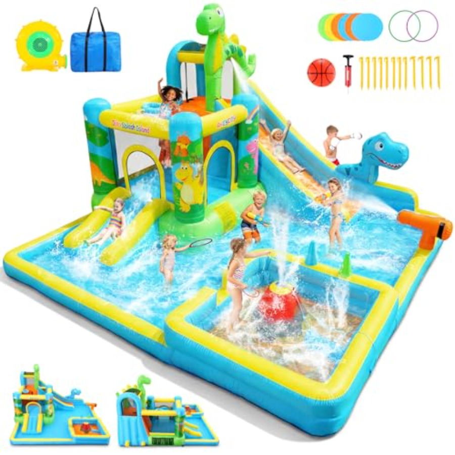 Kids Outdoor Water Slide - 屋外裏庭用インフレータブルウォータースライド：恐竜テーマの13in1バウンスハウス（3歳～12歳向け）PVC素材青緑色デュアルカラー