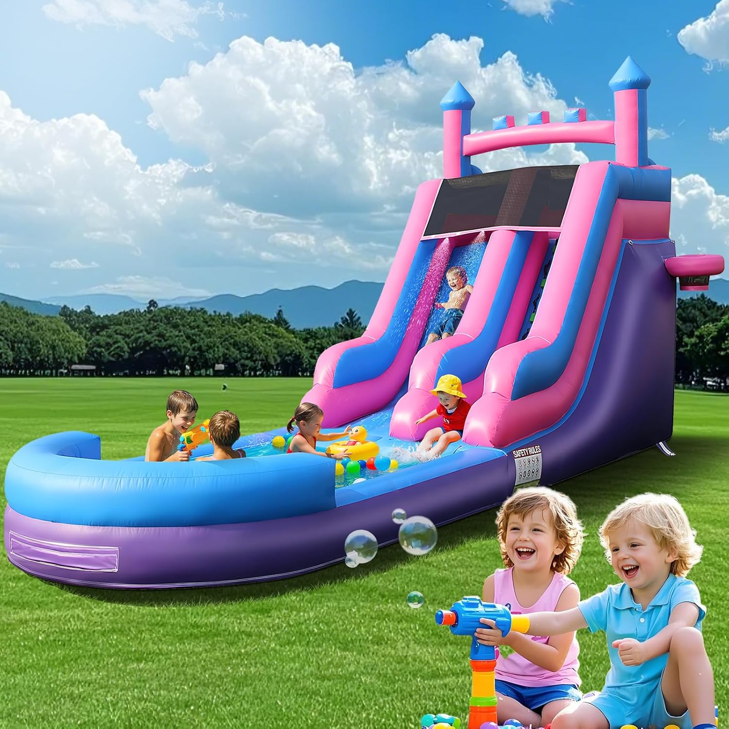 Kids Outdoor Water Slide - 26.2フィートの頑丈なインフレータブルウォータースライド、大型スプラッシュプール付き、100％PVC製、裏庭、屋外公園、プールパーティーで子供や大人に最適、パープル