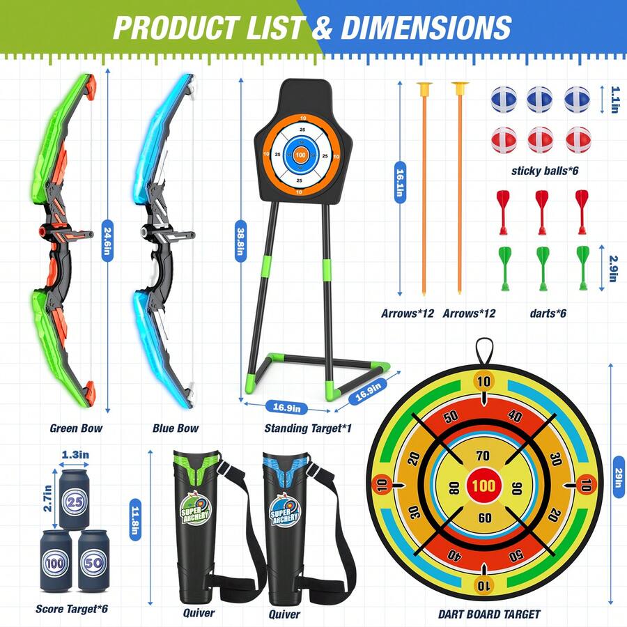 Kids Outdoor Archery Set - 2パック子供用弓矢セット、29インチ大型ダーツボード付き、LEDライトアップアーチェリーセット、24個の吸盤矢付き、屋内外スポーツ用