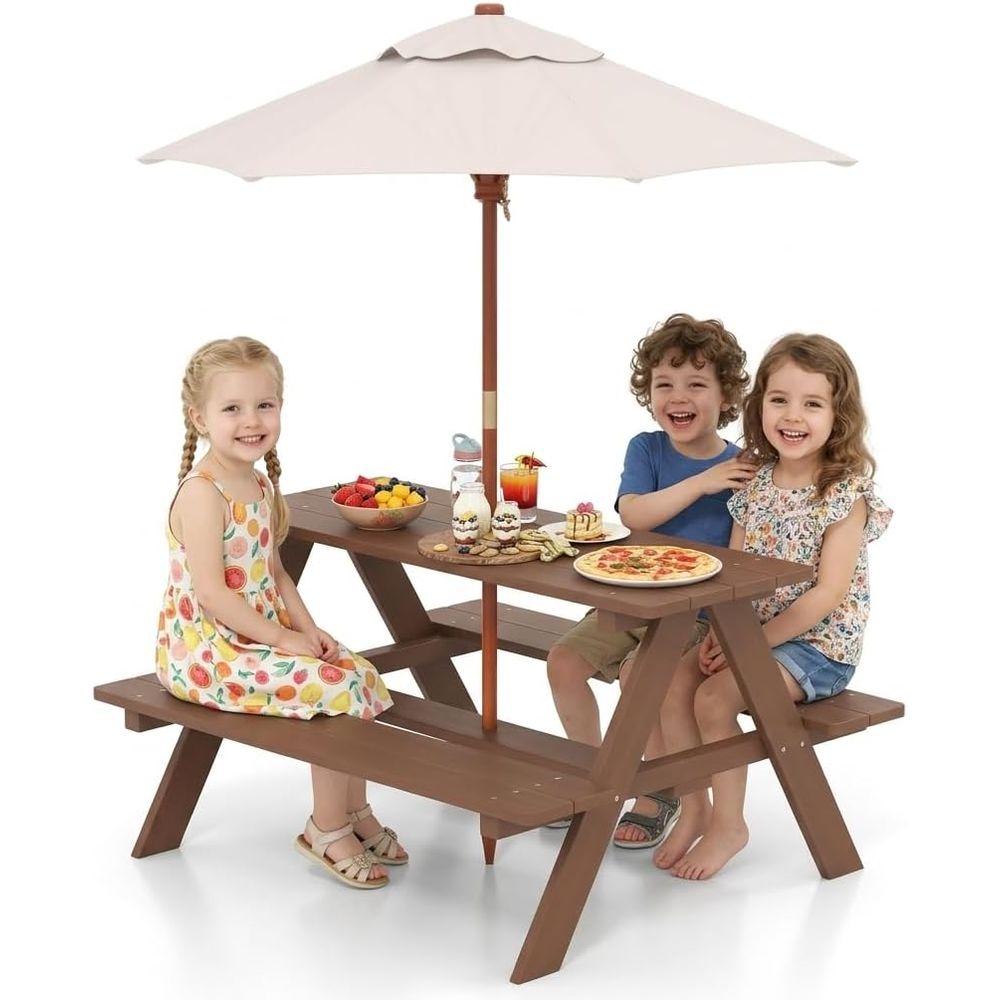Kids Outdoor Table And Chairs With Umbrella - 子供用ピクニックテーブル、IRウッド製子供用屋外テーブルと椅子、取り外し可能な傘付き、幼児用ピクニックテーブルまたはパティオ、裏庭、庭用