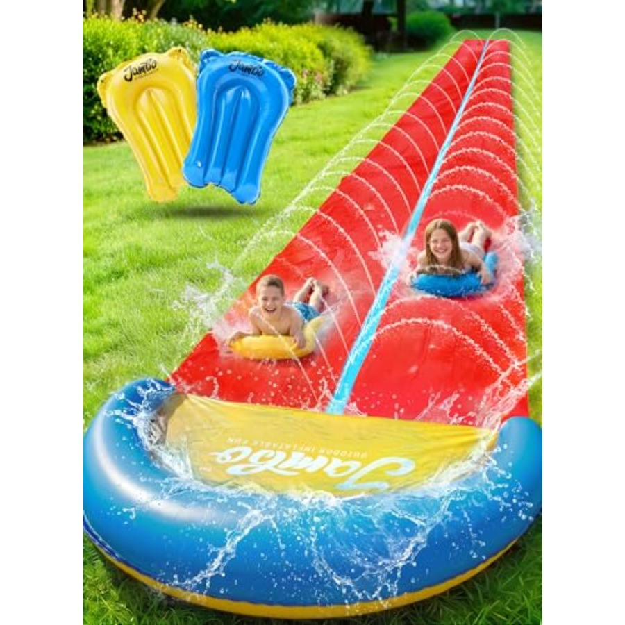 Kids Outdoor Water Slide - 子供用屋外裏庭ウォータースライド：頑丈なPVC製、青と黄色、32フィートの超ロングダブルレーン、インフレータブルクラッシュパッド付き