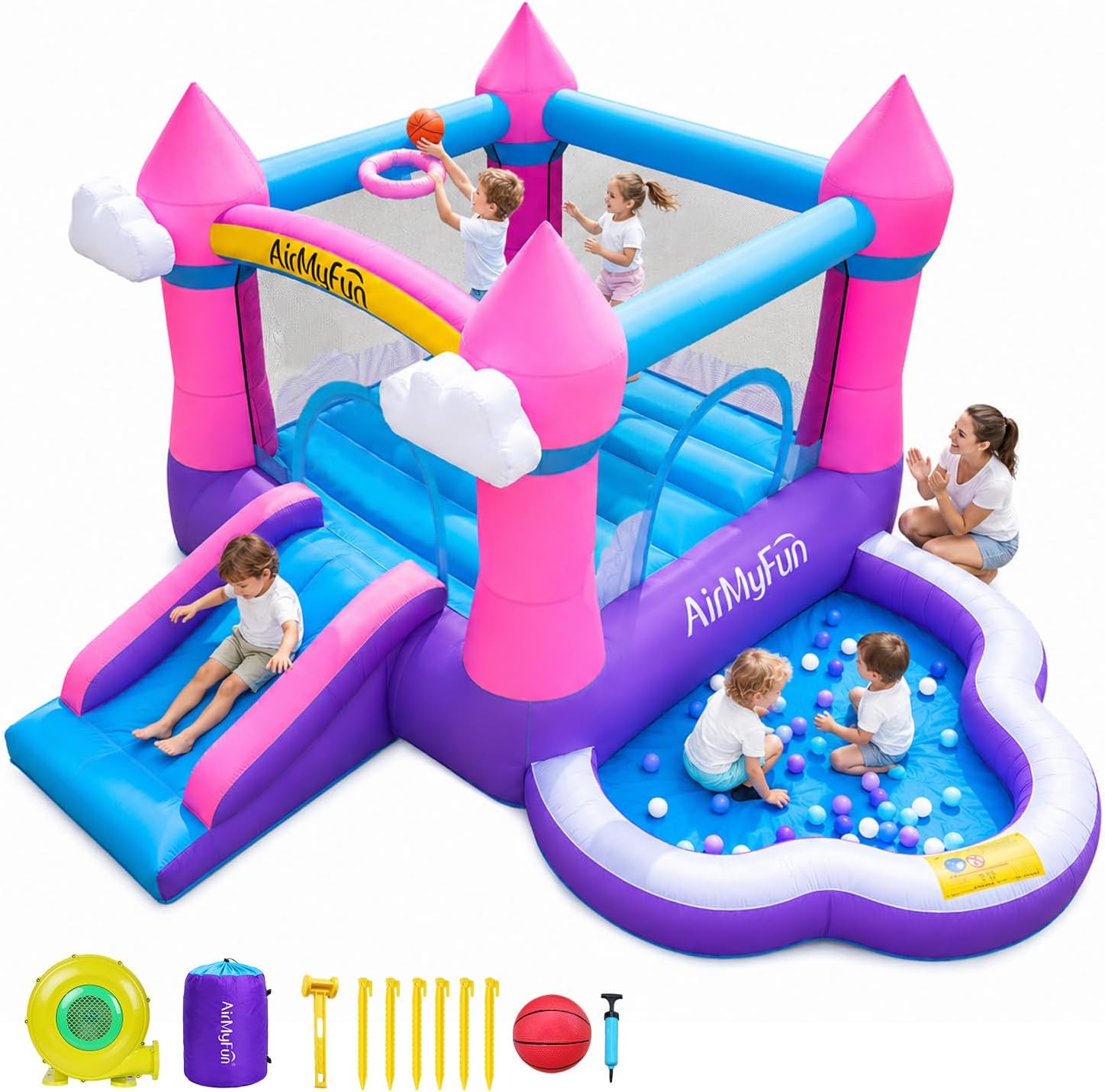 Kids Outdoor Water Slide - ピンクの屋内外兼用インフレータブルバウンスハウス（3～8歳向け）- スライド、送風機、水プール、ボールピット付きのバウンシーキャッスル