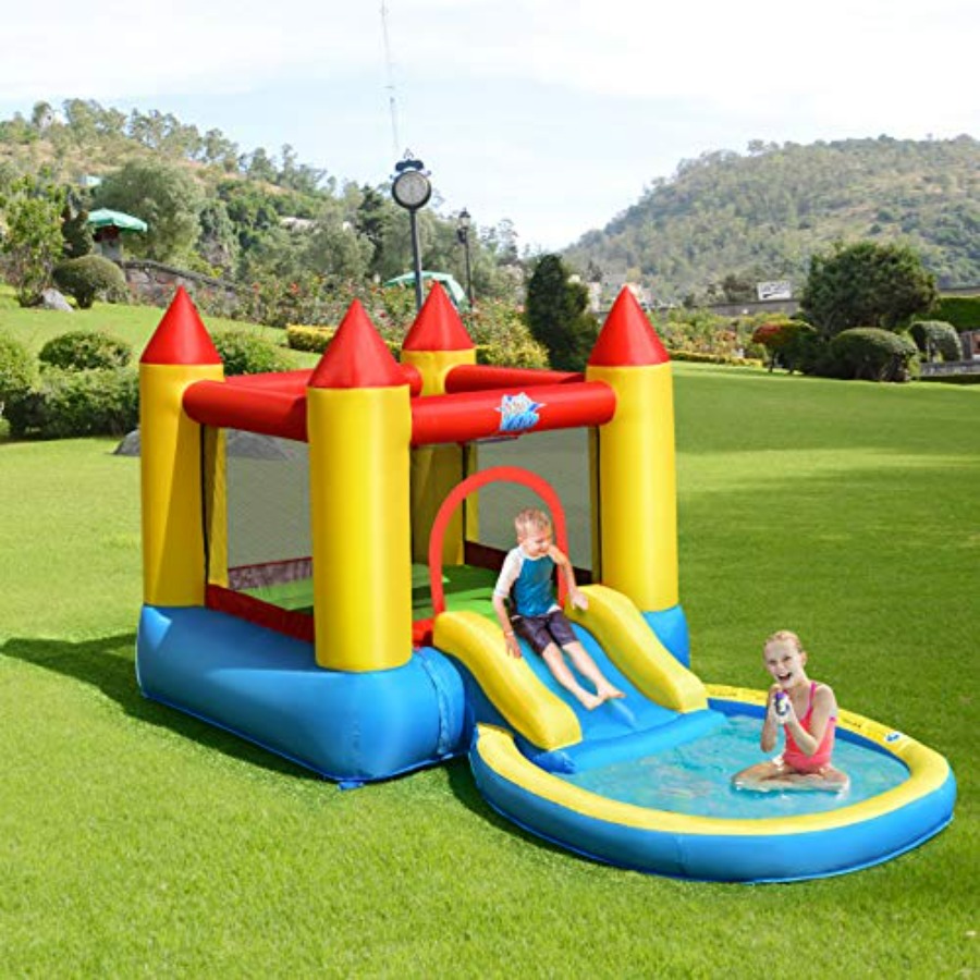 Kids Outdoor Water Slide - 3歳から5歳向けの屋外用インフレータブルバウンスハウス：PVC素材、青と黄色、ウォータースライド、ジャンプエリア付き
