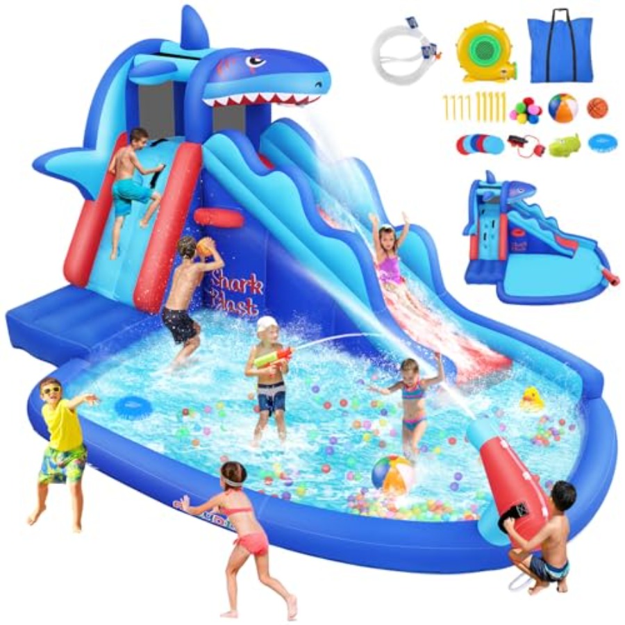 Kids Outdoor Water Slide - 屋外/屋内兼用インフレータブルウォータースライドバウンスハウス（3歳～12歳のお子様向け、サメをテーマにした青と黄色、クライミングウォール、ロングスライド付き）