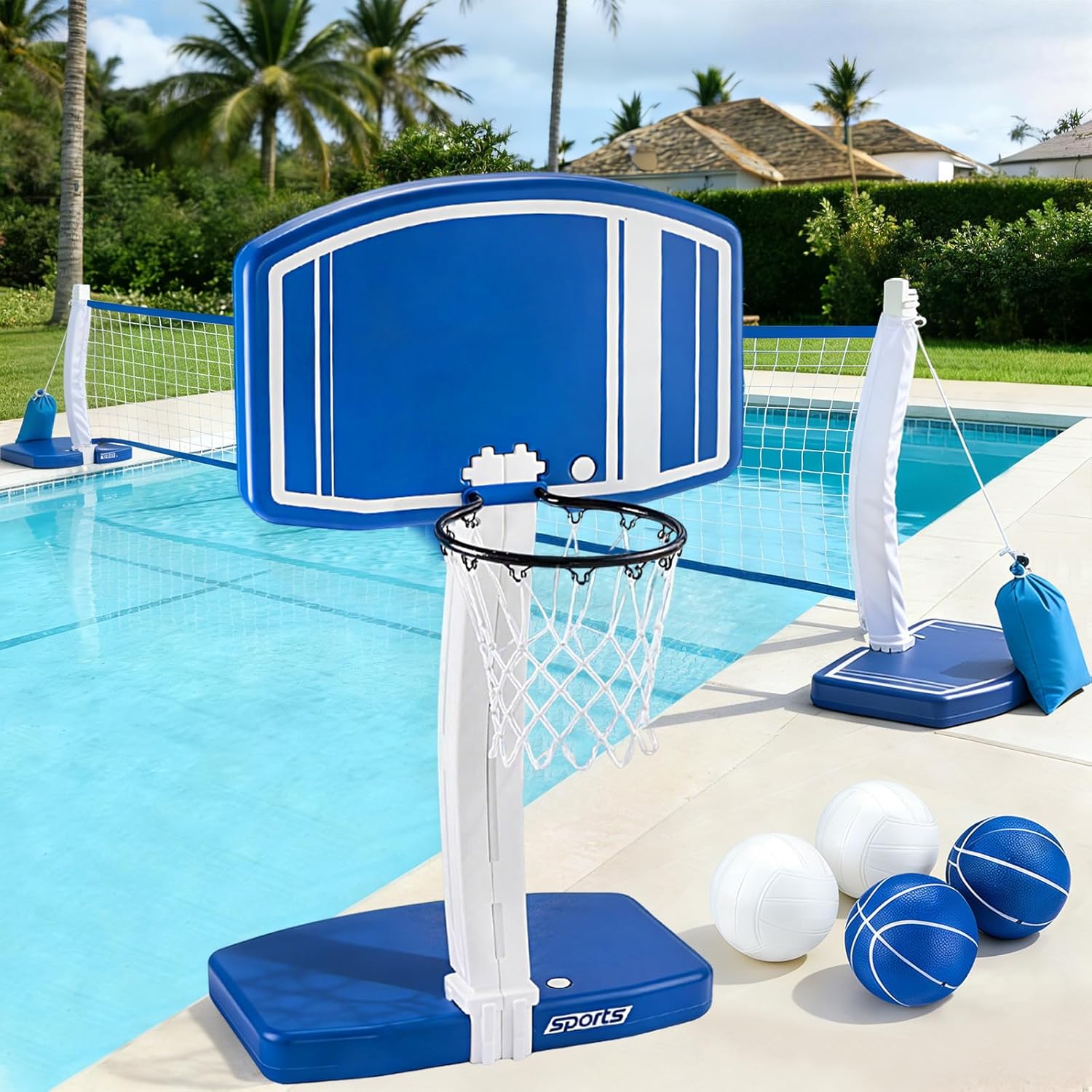 Outdoor Kid - 地上プール用バスケットボールフープとバレーボールネット2-in-1、3歳から12歳の子供、ティーン、大人向けの屋外ウォーターゲーム玩具、家族でプールサイドで夏の楽しみを