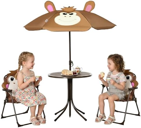 Kids Outdoor Table And Chairs With Umbrella - キッズテーブル＆チェアセット ピクニックテーブル傘 ブラウンモンキー | 屋外折りたたみ式ガーデン家具、パティオ裏庭用