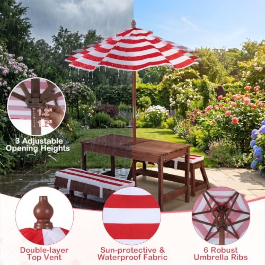 Kids Outdoor Water - 屋外用子供用ピクニックテーブル、パティオや裏庭に最適、木製、ナチュラルカラー、4-in-1多機能、傘付き、砂や水遊びにも対応