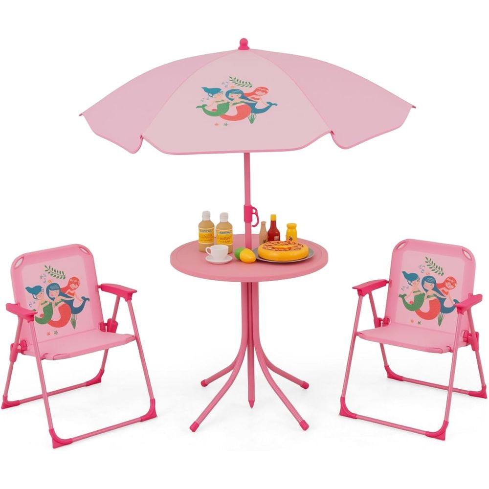 Kids Outdoor Table And Chairs With Umbrella - 子供用ピクニックテーブル、子供用屋外テーブル（折りたたみ椅子2脚付き）、高さ調節可能な傘、ポータブル子供用屋外家具またはパティオ家具