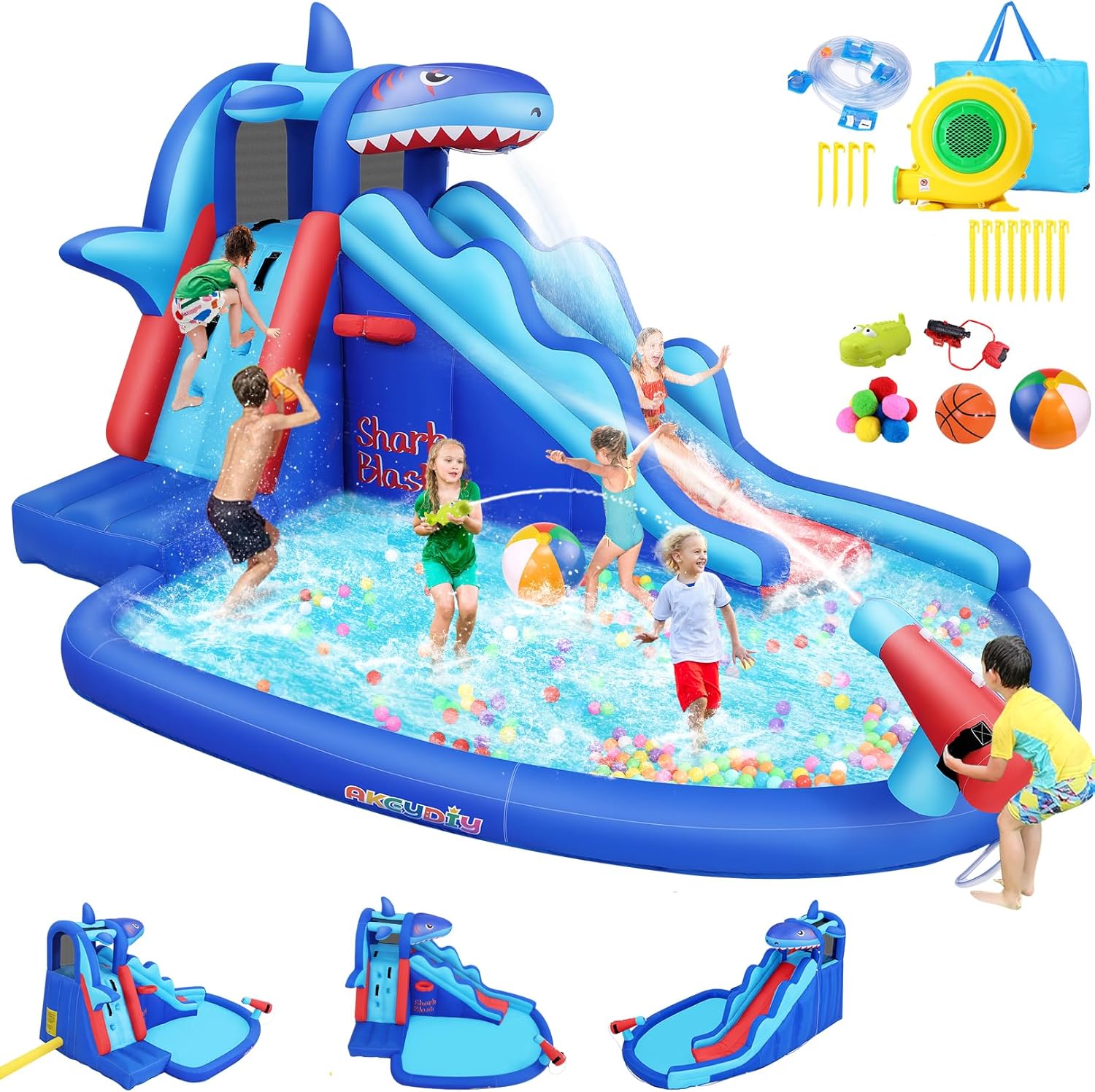 Kids Outdoor Water Slide - 子供向けサメ型インフレータブルウォーターパーク：屋外用ブロウアップウォータースライド、クライミングウォール、バスケットボールリング、スプラッシュプール、ウォーターキャノン付きで裏庭で遊べる