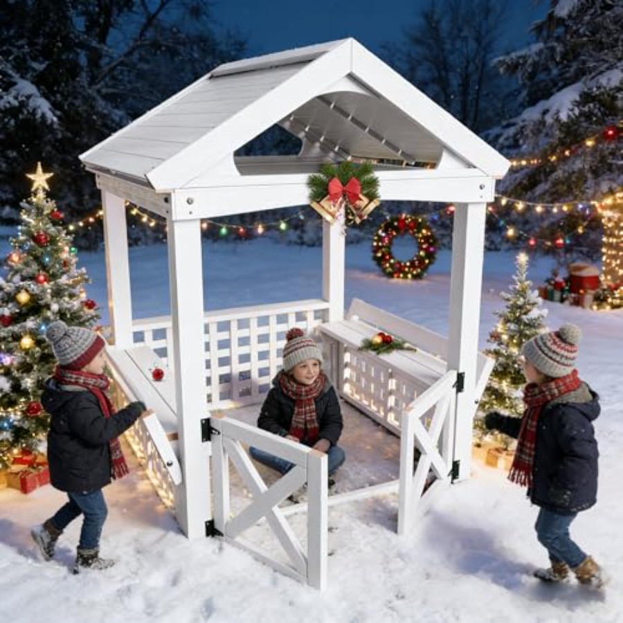 Kids Outdoor Wooden Playhouse - 屋外木製プレイハウス（2～8歳のお子様向け）、防水加工の白い仕上げ、内蔵ベンチとドア付き、52×44、裏庭用