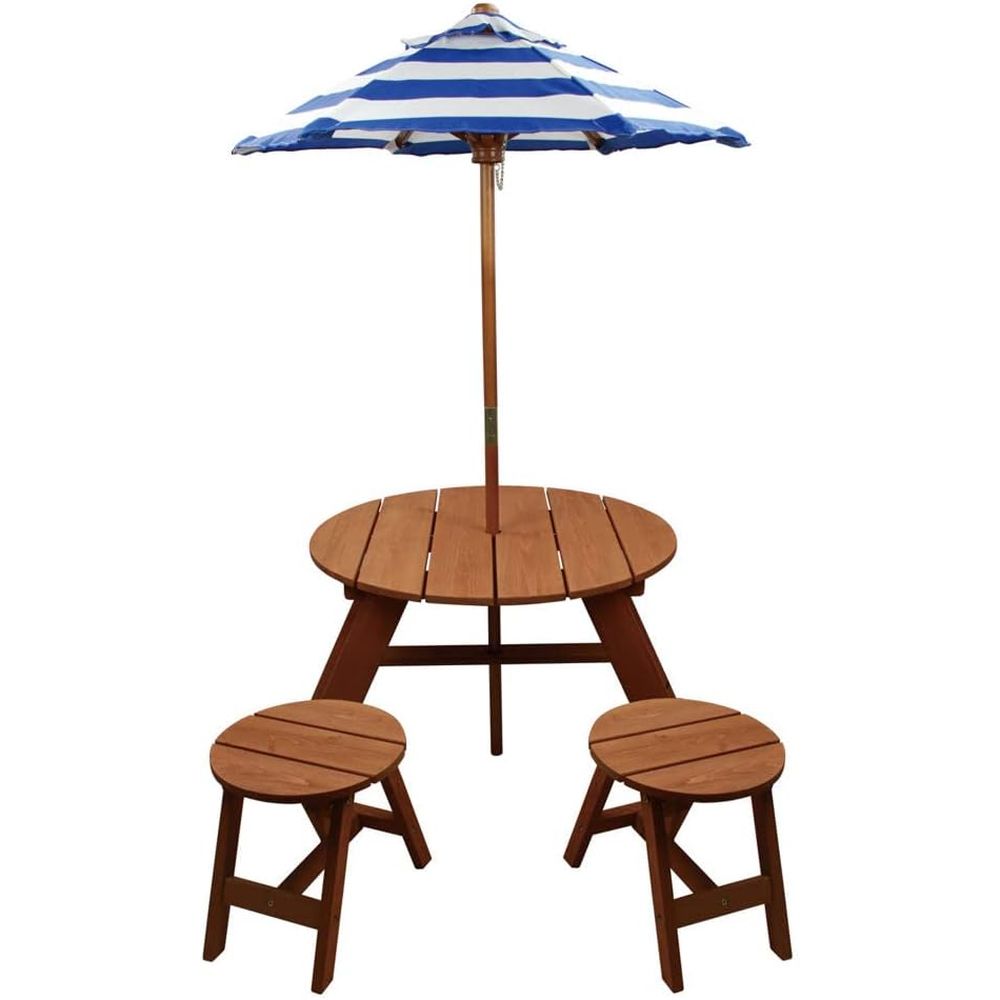 Kids Outdoor Table And Chairs With Umbrella - 丈夫な丸型木製テーブルセット、椅子2脚と傘付き、子供用、屋内または屋外での使用に適しています、青と白のストライプの傘付き