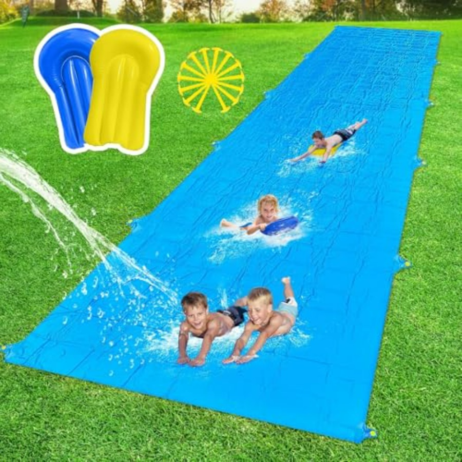 Kids Outdoor Water Slide - 子供と大人向けの裏庭用夏の屋外ウォータースライド、頑丈なPVC製、青と黄色、40フィートのスリップアンドスライド、14本の杭付き
