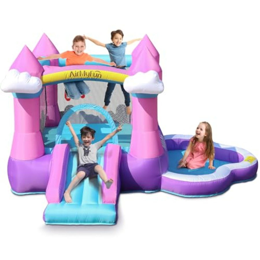 Kids Outdoor Water Slide - ピンク色の子供用インフレータブルバウンスハウス（3～8歳向け）、屋内外兼用、PVC素材、スライド、送風機、水遊びボールプール付き
