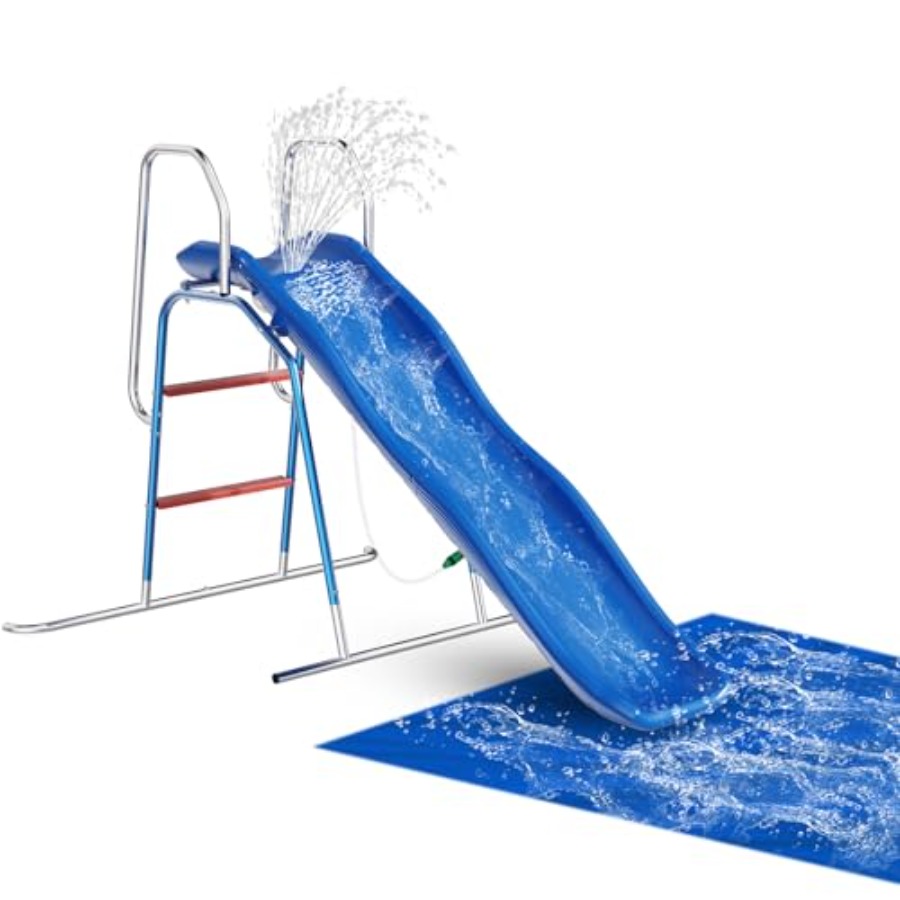 Kids Outdoor Water Slide - 子供用裏庭ウォータースライド、PVC素材、青と黄色、3ゾーンスプレースプリンクラー、地面用タープ付き、夏の屋外水遊び用