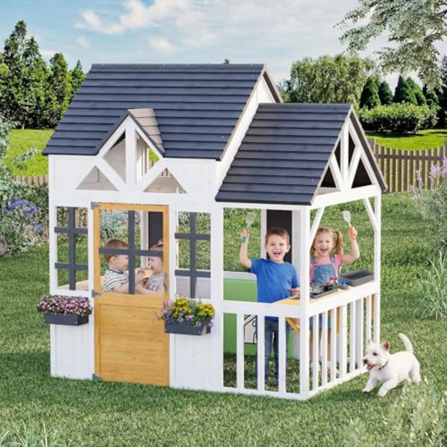 Kids Outdoor Wooden Playhouse - 屋外木製キッズプレイハウス（0.56歳以上向け）：白黒仕上げ、高床式屋根、キッチンおもちゃ、黒板、マグネット式ドア
