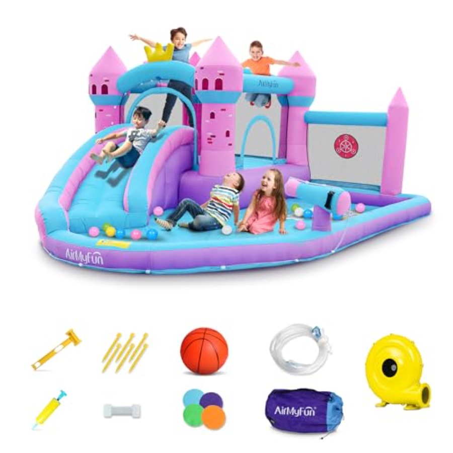 Kids Outdoor Water Slide - 裏庭用インフレータブルウォータースライド付きバウンスハウス（3歳～12歳向け、ピンク、PVC素材、水遊び/乾遊び両用、スプラッシュプール付き、頑丈な屋外遊具）