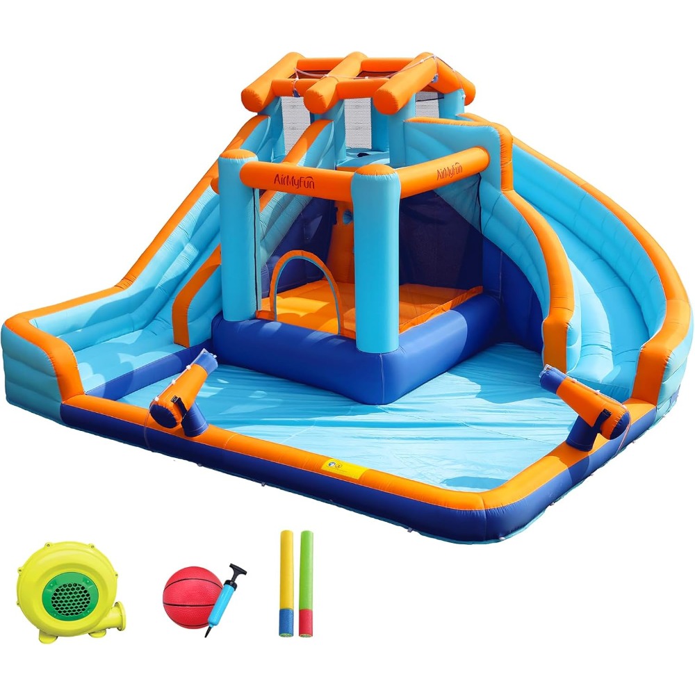 Kids Outdoor Water Play - 大型ウォータースライダー付きバウンスハウス、スプラッシュプールとバスケットボールフープ付き、子供と大人のための屋外遊び用インフレータブルバウンスキャッスル