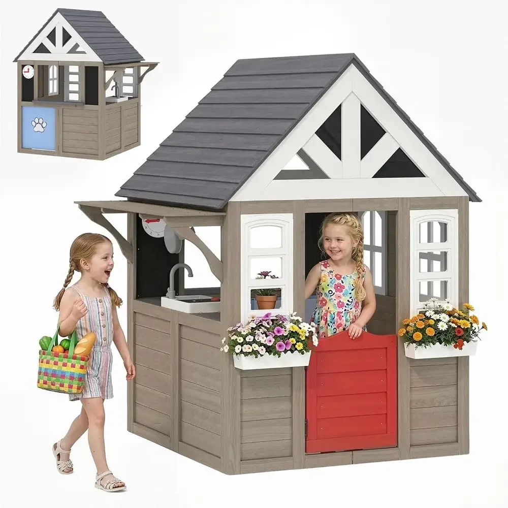 Kids Outdoor Wooden Playhouse - カバ屋外プレイハウス、犬用扉付き木製キッズプレイハウス、下部ボックス付きキッズコテージ、調理器具と窓付き、または裏庭の庭園用