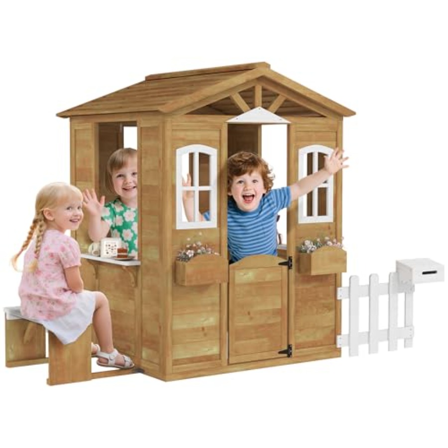 Kids Outdoor Wooden Playhouse - 3歳から6歳向けの屋外用プレイハウス、天然木のコテージ。開閉可能なドア、窓、メールボックス付き。ごっこ遊びに最適。