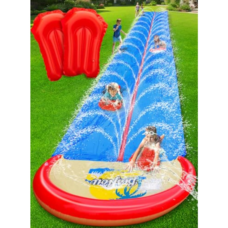 Kids Outdoor Water Slide - 子供と大人向けの屋外裏庭用ウォータースライド、頑丈なPVC製、青と黄色、32フィートの超ロングデュアルレーン、スプリンクラー付き