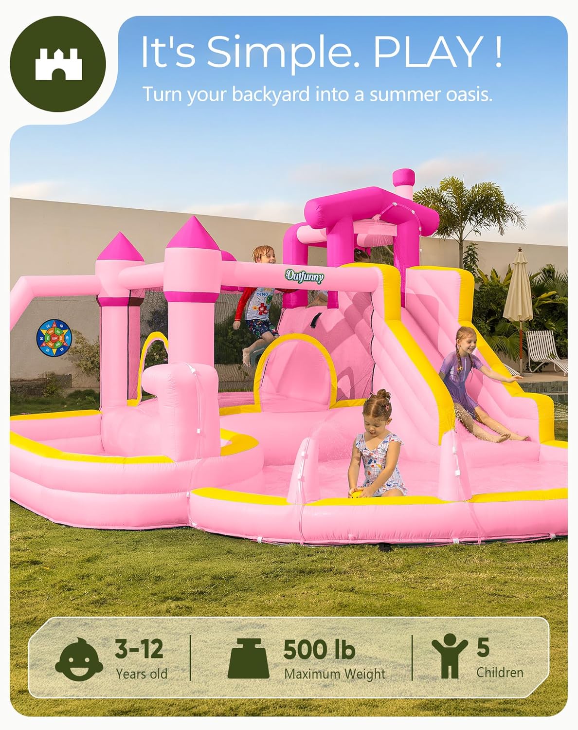 ピンクのインフレータブルウォータースライドバウンスハウス（3 - Kids Outdoor Water Slide のレビューと価格
