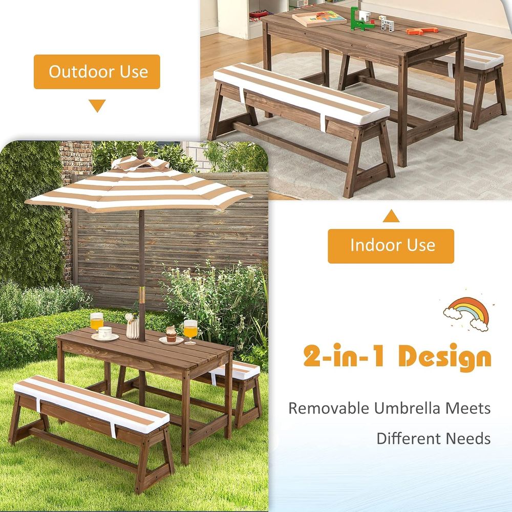 子供用ピクニックテーブル、幼児用木製テーブル＆椅子セット（ク - Kids Outdoor Table And Chairs With Umbrella のレビューと価格