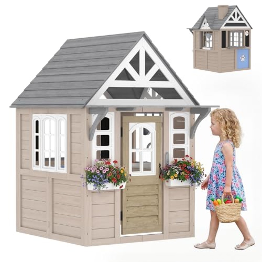 2歳以上の子供向け屋外木製プレイハウス、グレー仕上げ、犬用ド - Kids Outdoor Wooden Playhouse のレビューと価格