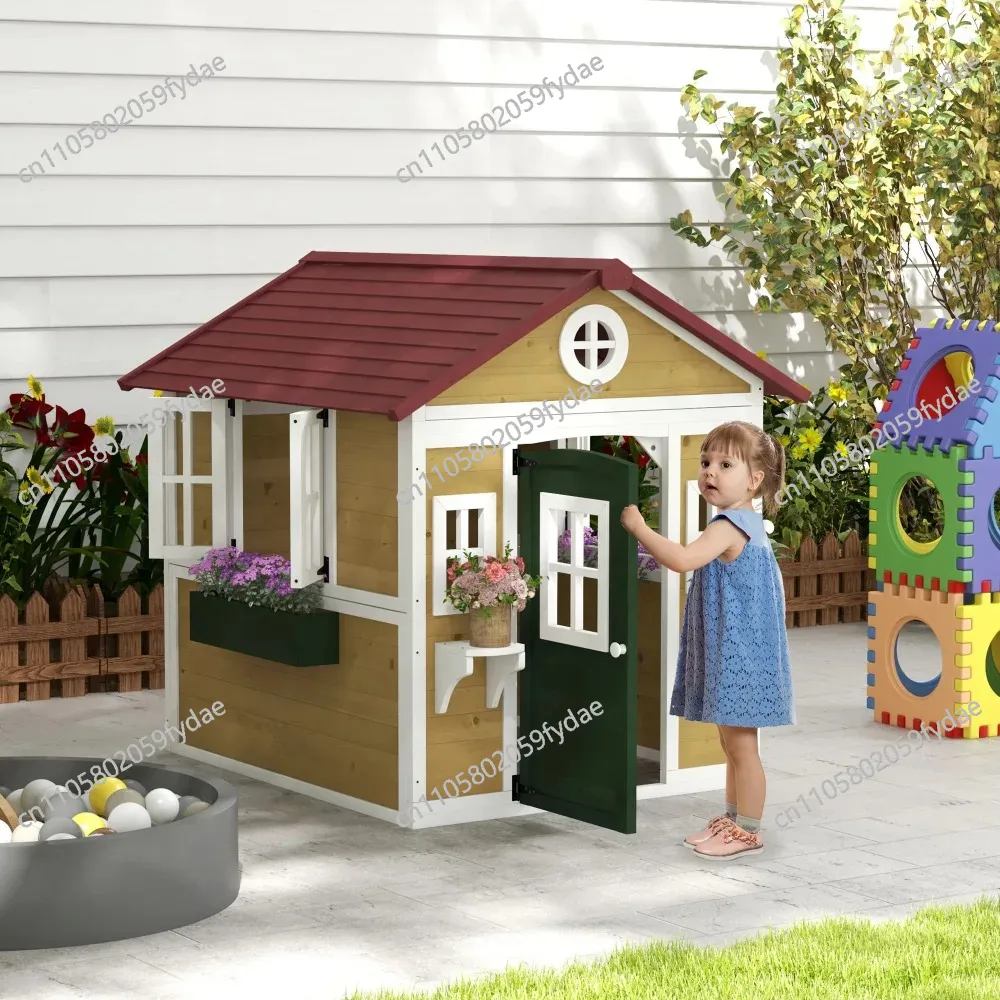 木製屋外子供用プレイハウス、ドア、窓、植木鉢と箱付き、裏庭小 - Kids Outdoor Wooden Playhouse のレビューと価格