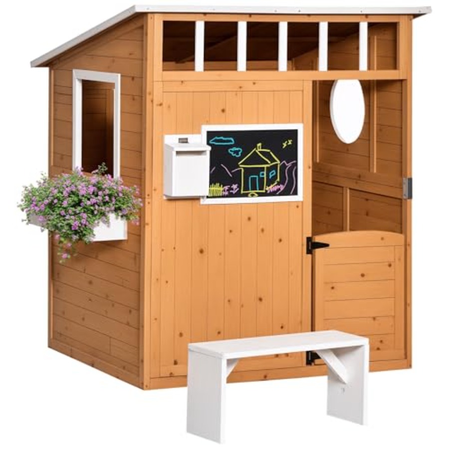 屋外用木製キッズプレイハウス、開閉式ドア付き、黄色仕上げ、窓 - Kids Outdoor Wooden Playhouse のレビューと価格