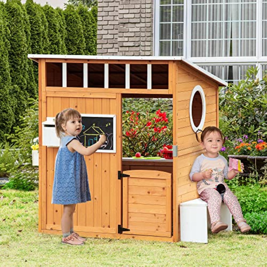 屋外用木製キッズプレイハウス、開閉式ドア付き、黄色仕上げ、窓 - Kids Outdoor Wooden Playhouse のレビューと価格
