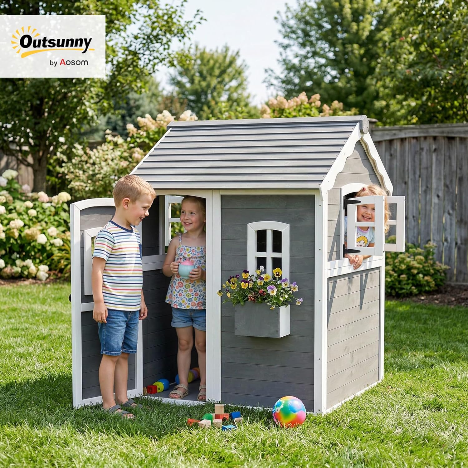 # 木製屋外プレイハウス（床、ドア、窓、プランターボックス付 - Kids Outdoor Wooden Playhouse のレビューと価格