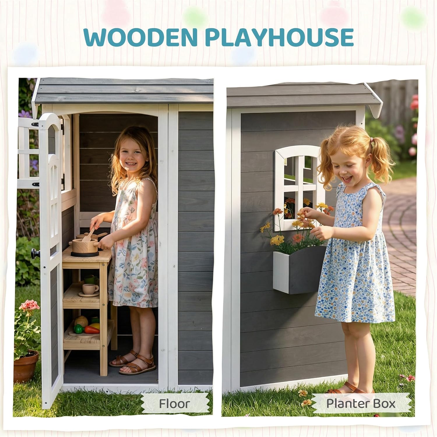 # 木製屋外プレイハウス（床、ドア、窓、プランターボックス付 - Kids Outdoor Wooden Playhouse のレビューと価格