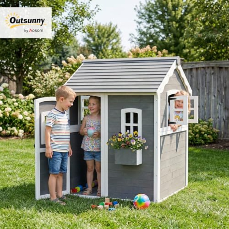 3歳から8歳向けの屋外木製プレイハウス。床、ドア、窓、プラン - Kids Outdoor Wooden Playhouse のレビューと価格