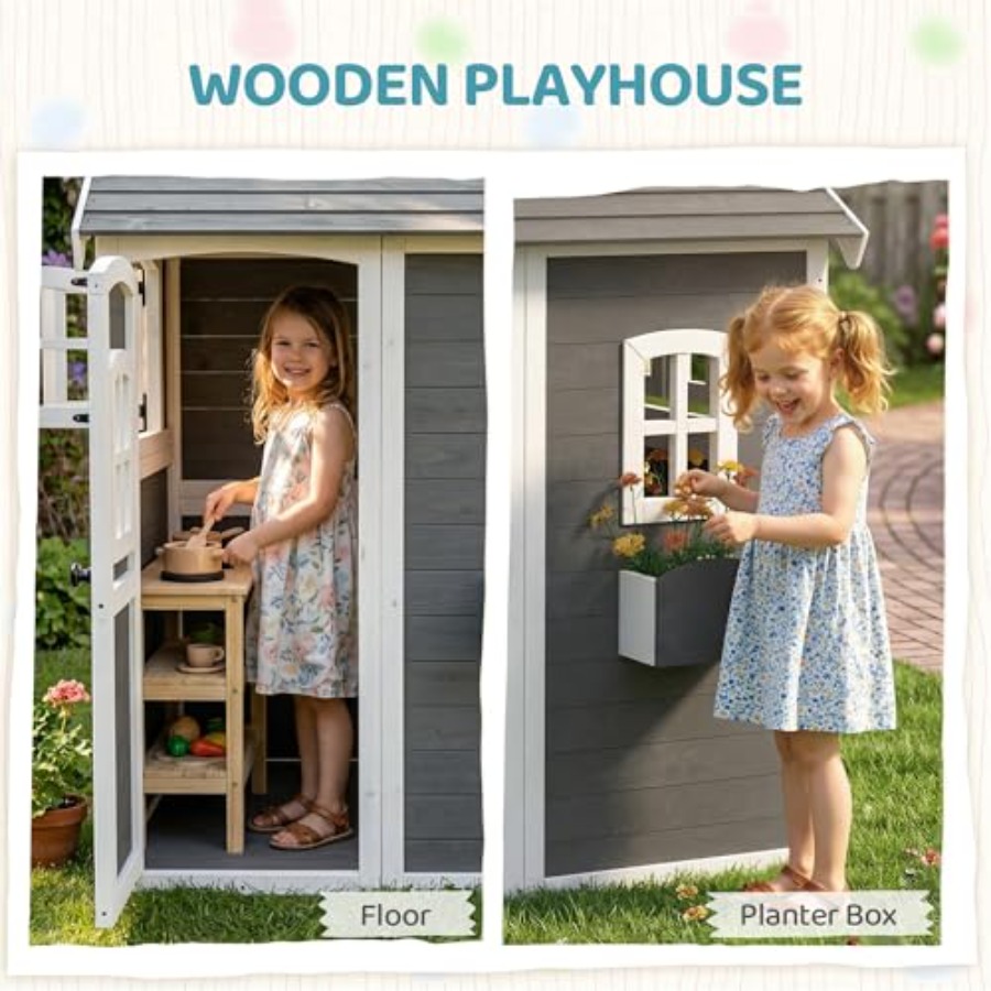 3歳から8歳向けの屋外木製プレイハウス。床、ドア、窓、プラン - Kids Outdoor Wooden Playhouse のレビューと価格