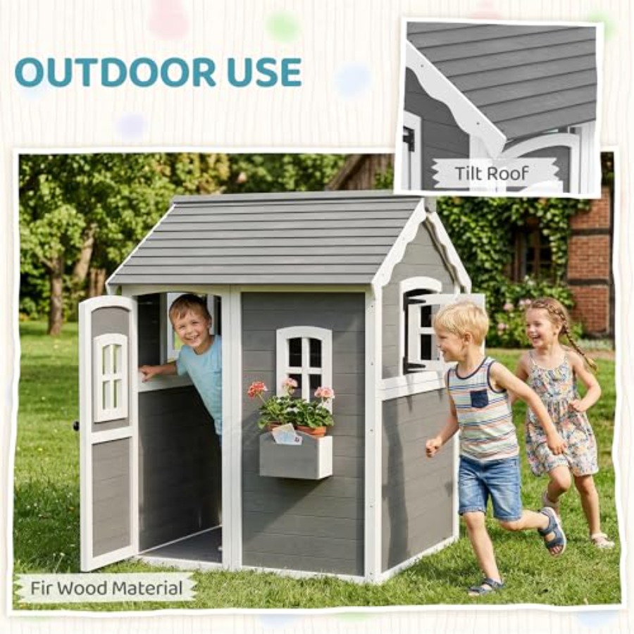 3歳から8歳向けの屋外木製プレイハウス。床、ドア、窓、プラン - Kids Outdoor Wooden Playhouse のレビューと価格