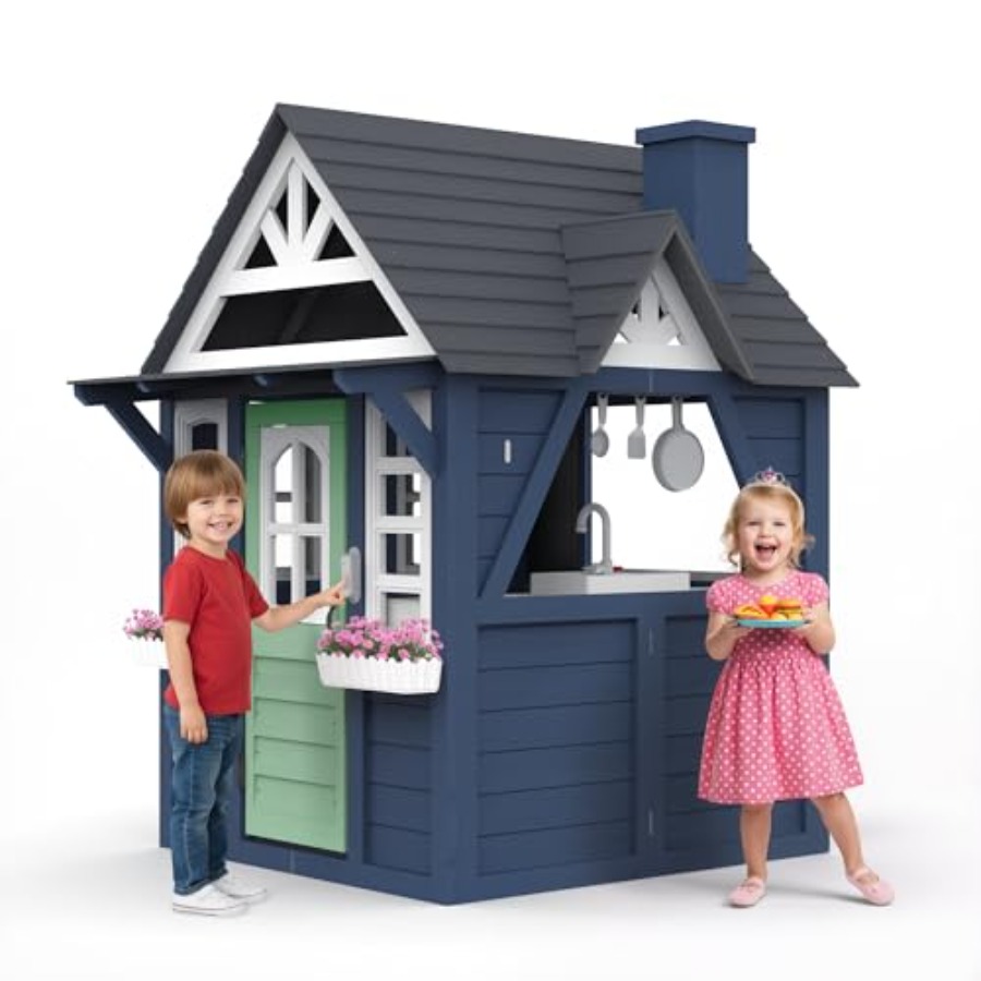 屋外用子供用プレイハウス：木製、青色、大型で頑丈、リアルなキ - Kids Outdoor Wooden Playhouse のレビューと価格