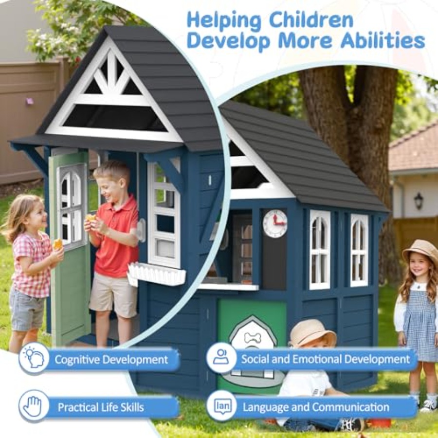 屋外用子供用プレイハウス：木製、青色、大型で頑丈、リアルなキ - Kids Outdoor Wooden Playhouse のレビューと価格