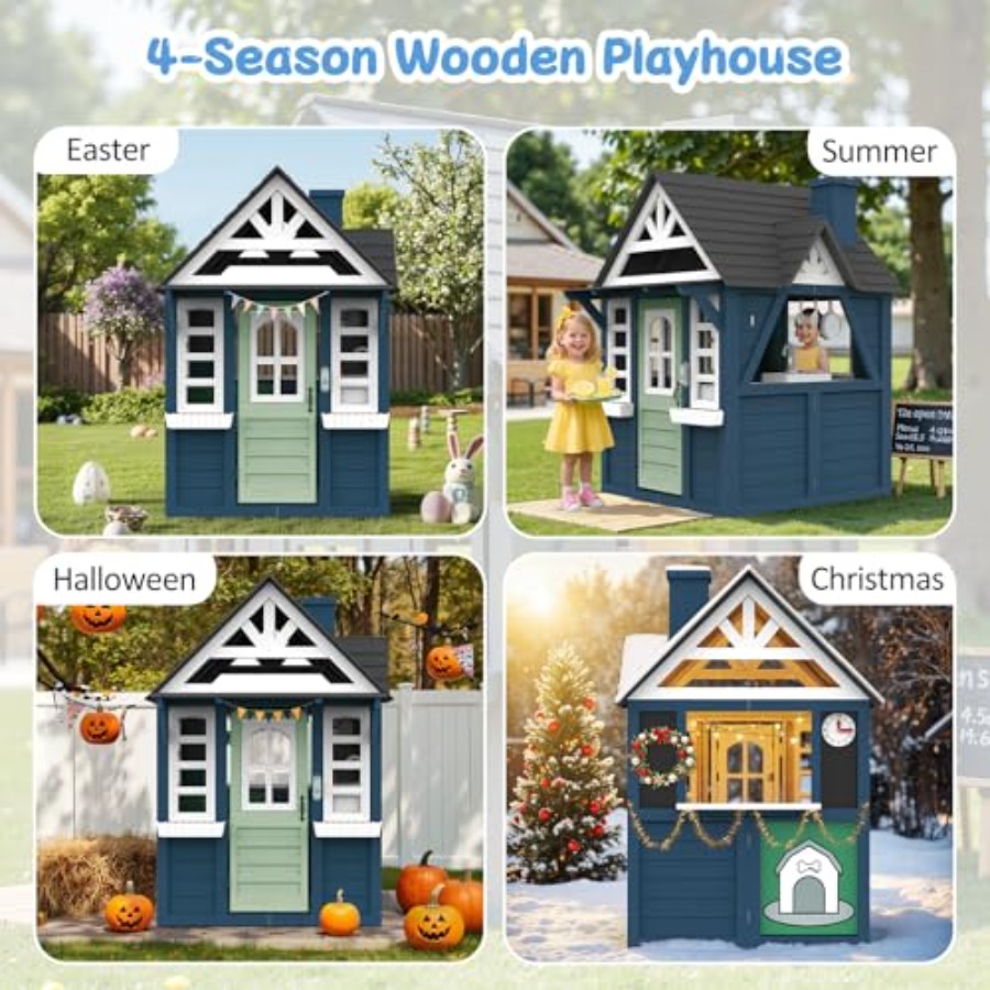 屋外用子供用プレイハウス：木製、青色、大型で頑丈、リアルなキ - Kids Outdoor Wooden Playhouse のレビューと価格