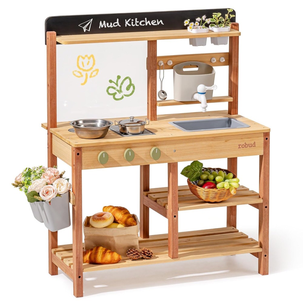アメリカ発送 木製泥だれキッチン 子供用 屋外ごっこ遊びセッ - Kids Outdoor Mud Kitchen のレビューと価格