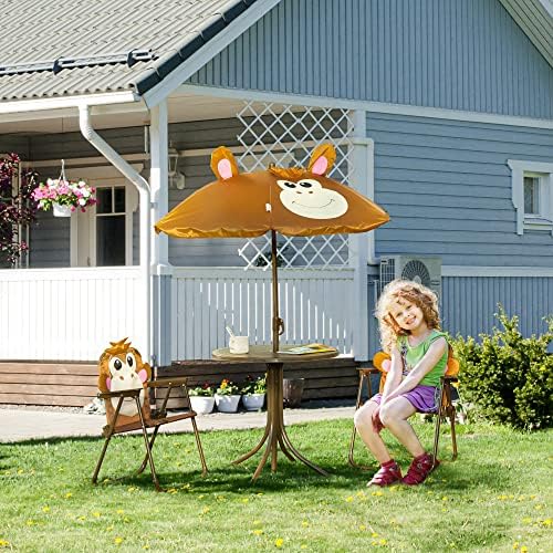 キッズテーブル＆チェアセット ピクニックテーブル傘 ブラウン - Kids Outdoor Table And Chairs With Umbrella のレビューと価格