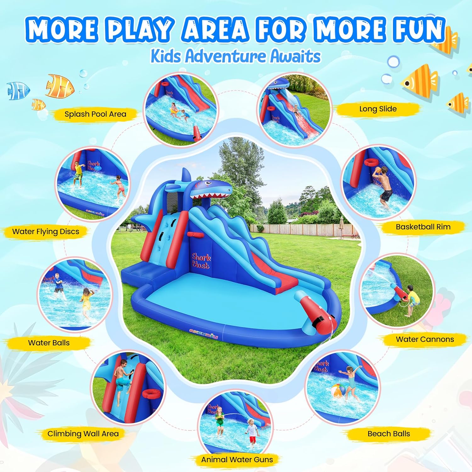 子供向けサメ型インフレータブルウォーターパーク：屋外用ブロウ - Kids Outdoor Water Slide のレビューと価格